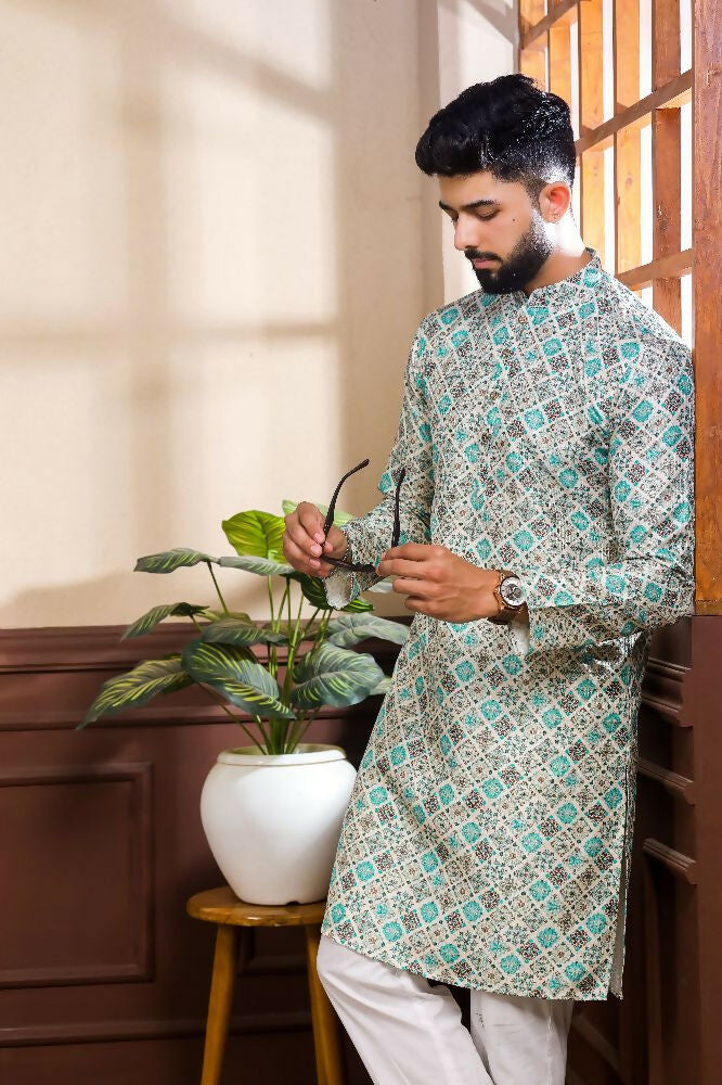 Blue Art Silk Digital Printed, Embroidery Work Kurta Set - Mahotsav