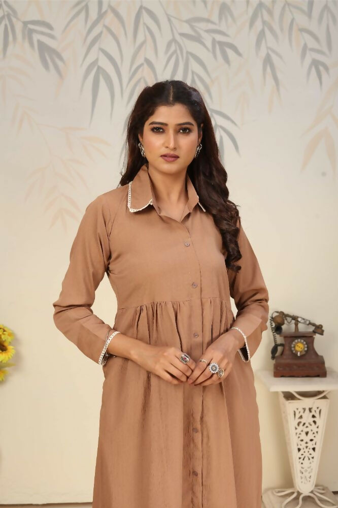 Jyoti Fashion Women's Beige Rinkal Cotton Plain with Side Pocket Kurtis & Sets | Swadesiicart