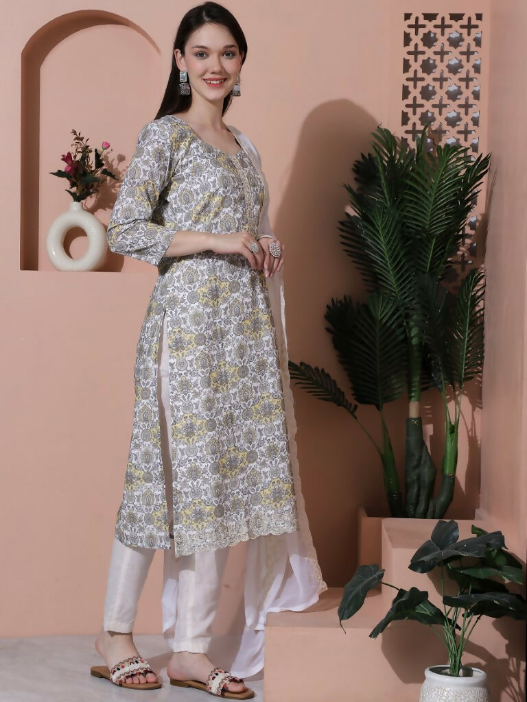 Jyoti Fashion Women's Off White Cotton Floral Digital Printed Kurta with Trouser & Dupatta | Swadesiicart
