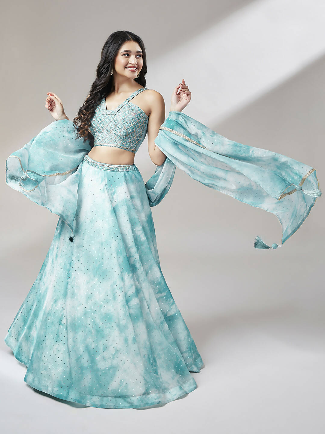 House of Panchhi Turquoise Blue Organza Floral Printed Lehenga choli & Dupatta | Swadesiicart