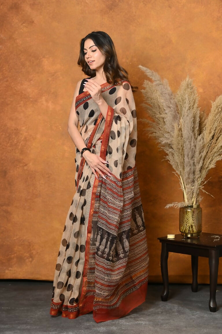 Very Much Indian Handblock Printed Cotton Saree With Natural Dyes - White | Swadesiicart