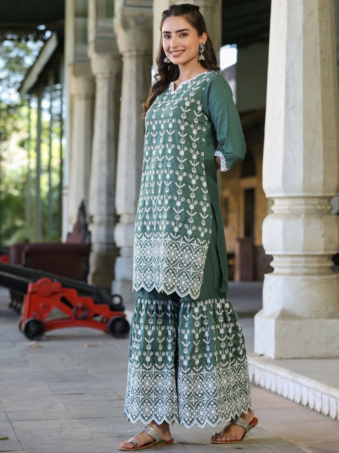 Juniper Women's Green Chinnon Embroidered Kurta Garara Set | Swadesiicart