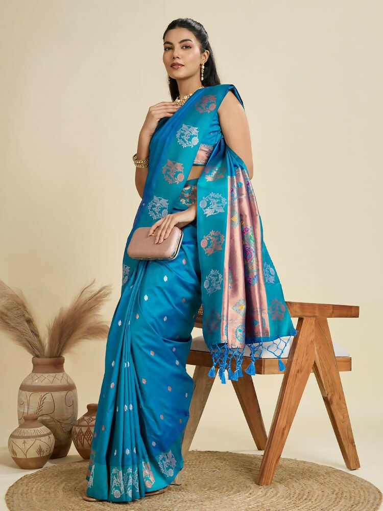 Vishnu Weaves Women's Firozi Banarasi Silk Zari Woven Saree with Blouse - Swadesiicart
