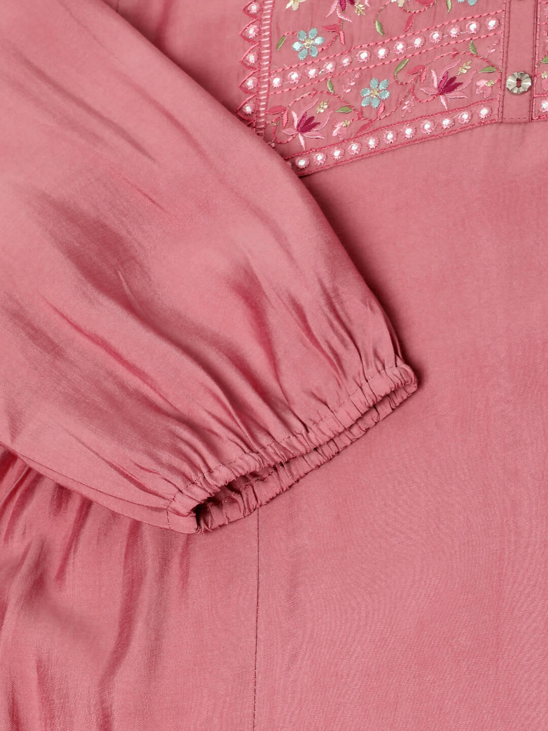 Pink Chinon Yoke Embroidered A-line Top - Tarini - Swadesiicart