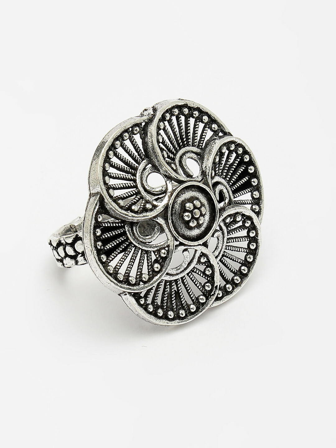 NVR Women's Silver-Toned Floral Shape Adjustable Finger Ring | Swadesiicart