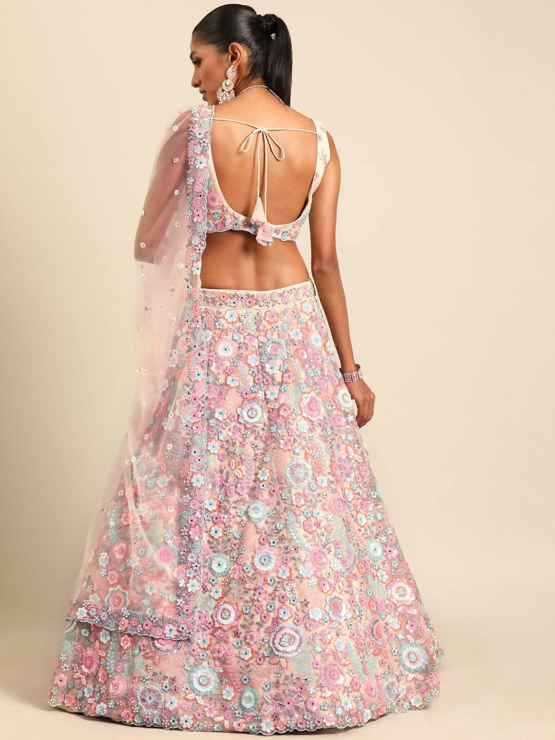 House of Panchhi Cream Net Sequins, Mirror and thread embroidery Lehenga choli & Dupatta | Swadesiicart