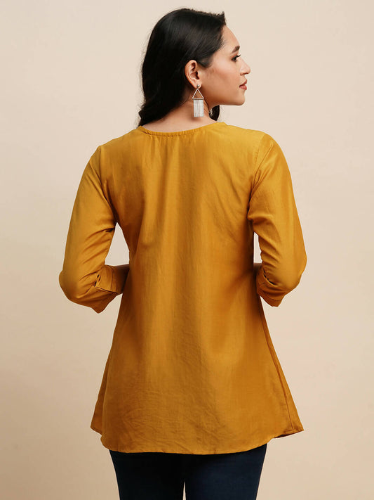 Mustard Chinon Embroidered Top - Tarini - Swadesiicart