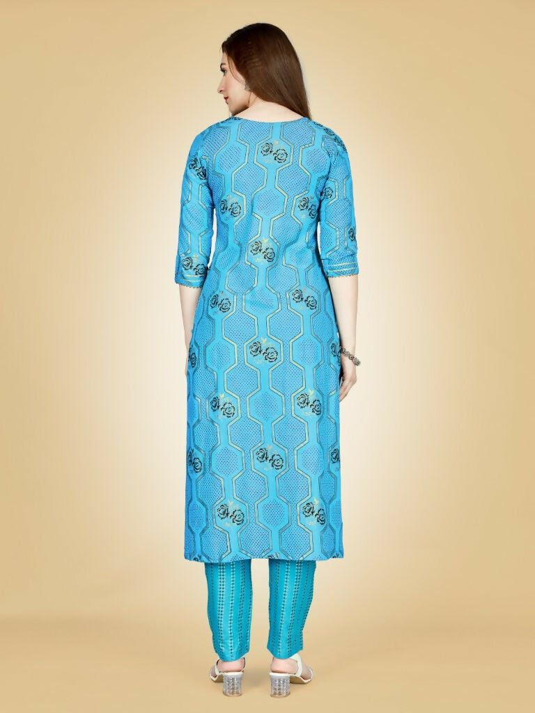 Jyoti Fashion Women's Sky Blue Viscose Rayon Embroidered Kurta Pant Set | Swadesiicart