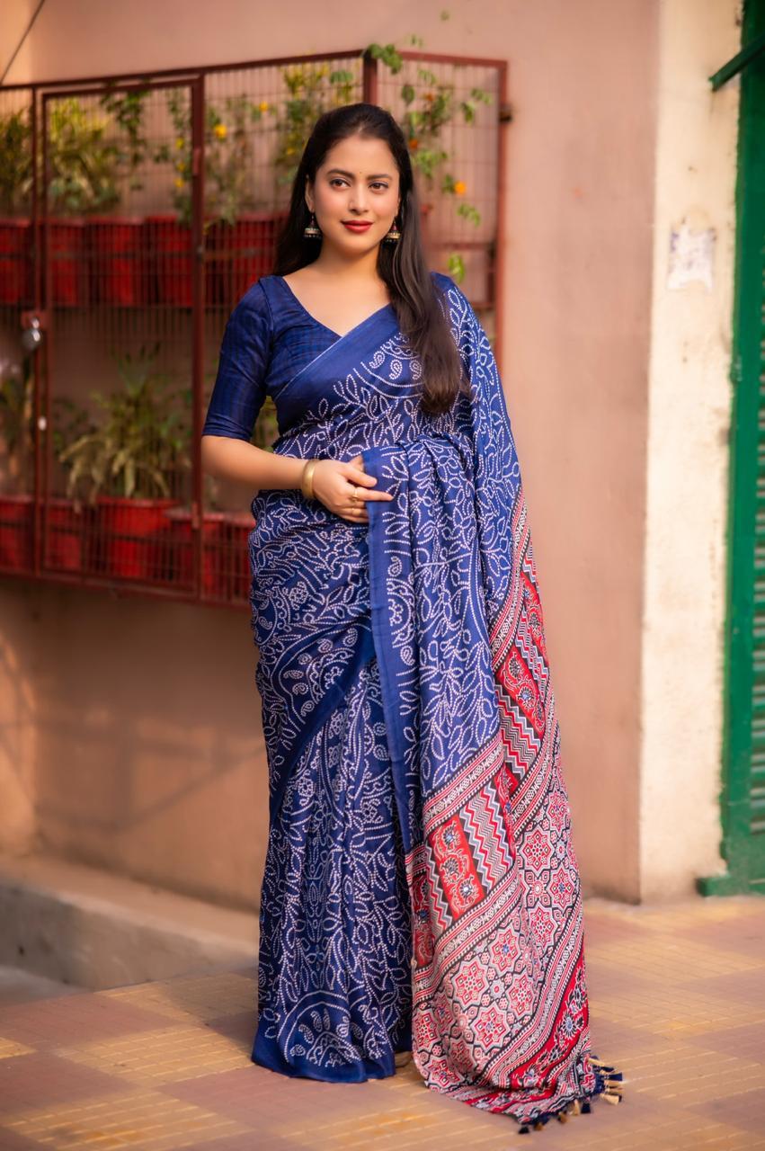 Blue Silk Blend Ajrak Saree with Unstitched Blouse - Hiral Fashion | Swadesiicart