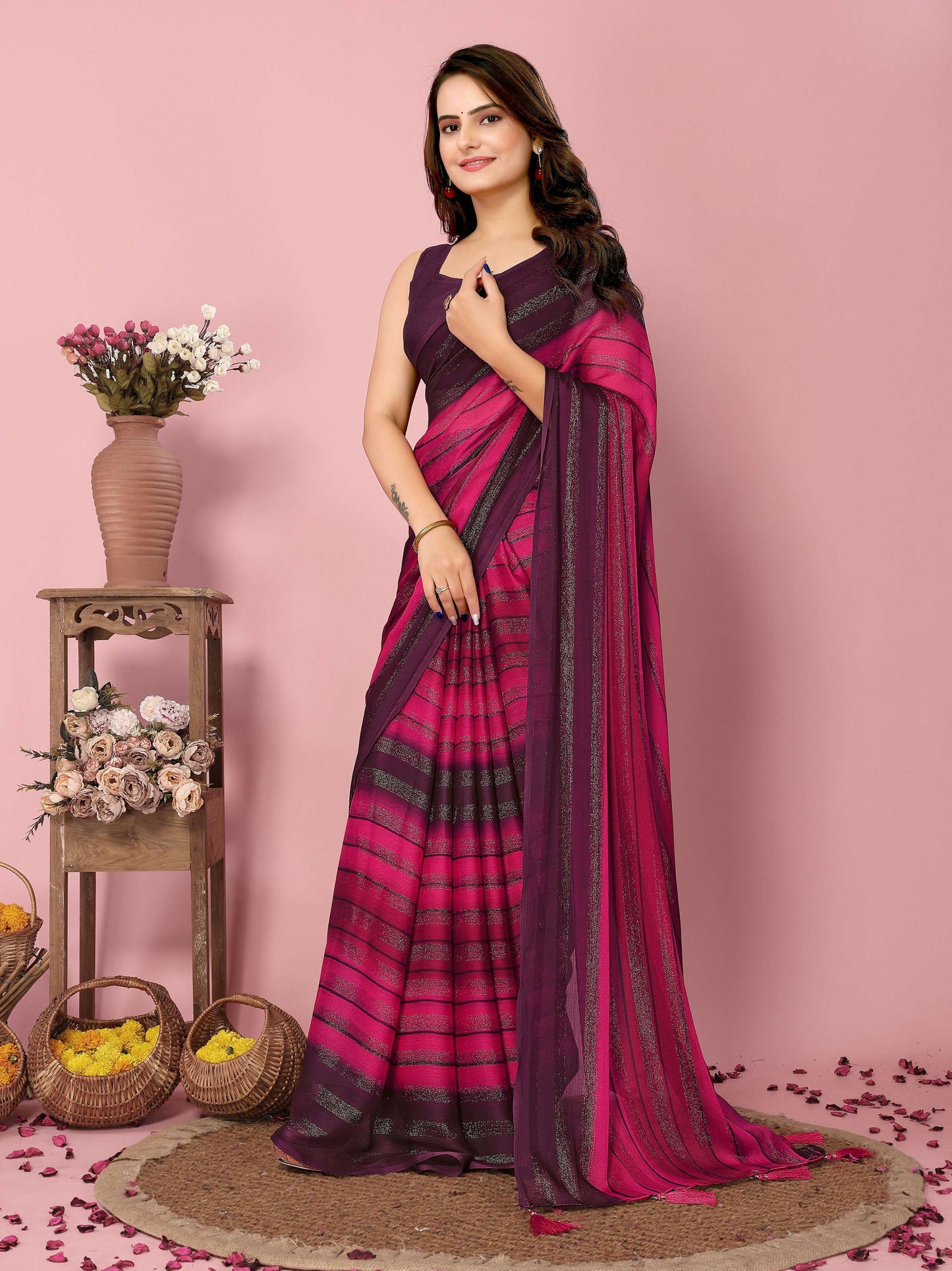 Attractive These Party Wear Ready To Wear Saree - Pink | Swadesiicart