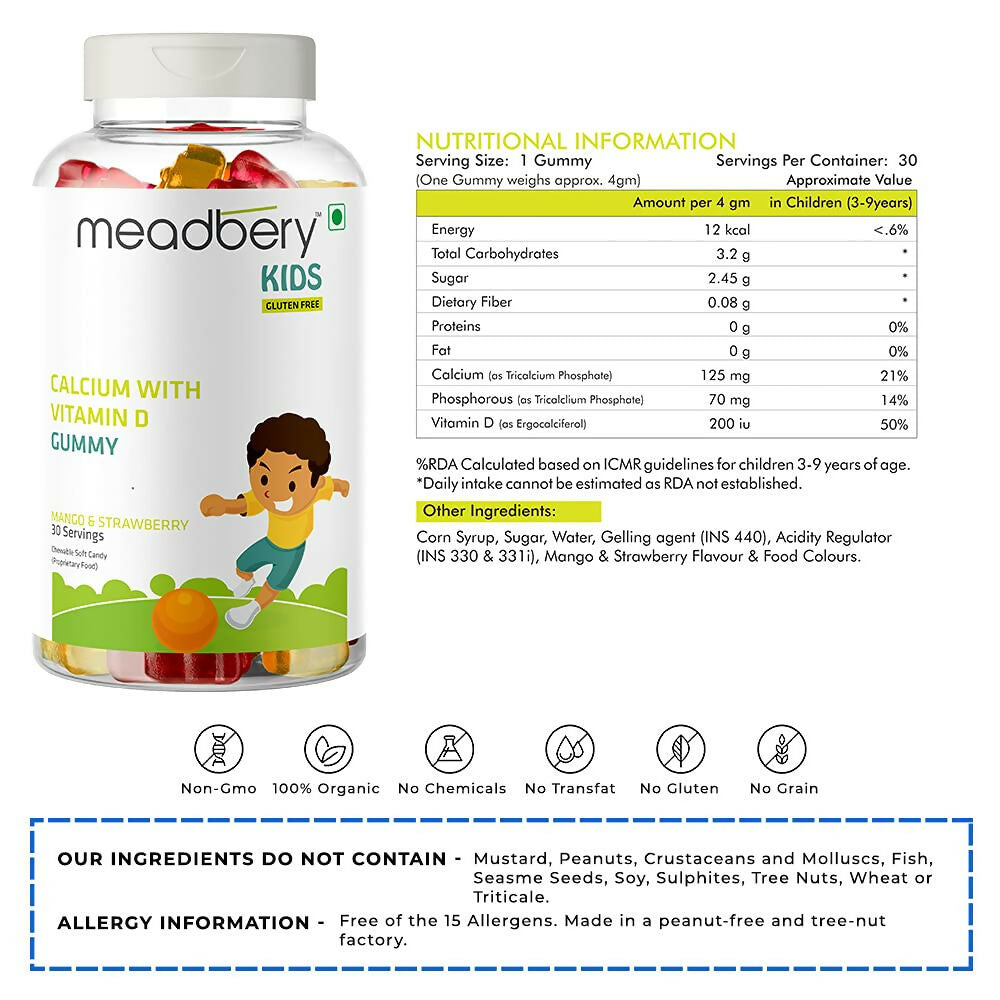 Meadbery Kids Calcium With Vitamin D Gummy - Swadesiicart