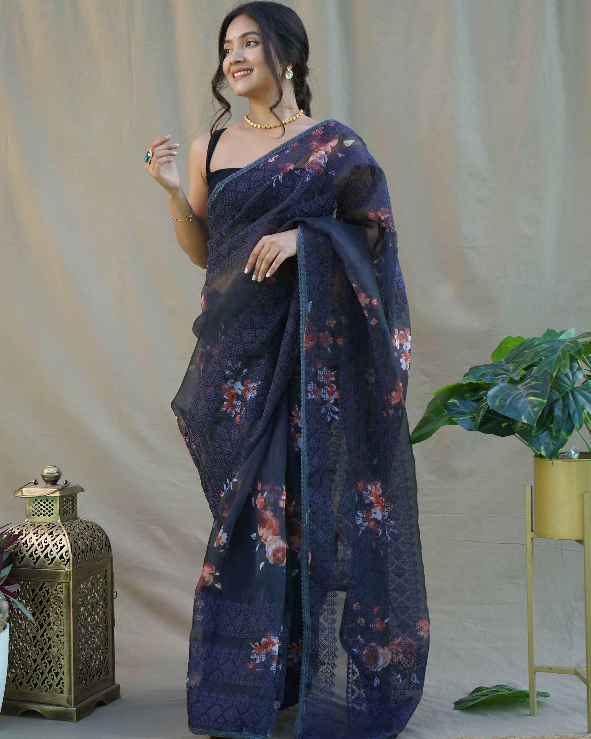 Vamsee Nitya Navy Blue Organza Saree - Swadesiicart