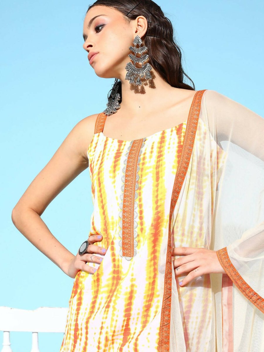 Ahalyaa Women's Orange Crepe Printed Kurta Sharara Set With Dupatta | Swadesiicart