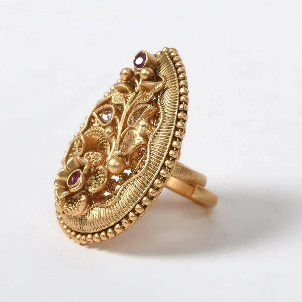 Mominos Fashion Joharkamal Gold-Polished Stone Studded Adjustable Finger Ring - Design 07 | Swadesiicart