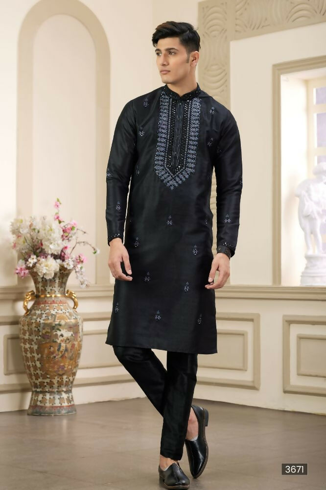 Raivat Ethnic Banarasi Art Silk Thread and Mirror Work Kurta Pajama In Black Colour | Swadesiicart