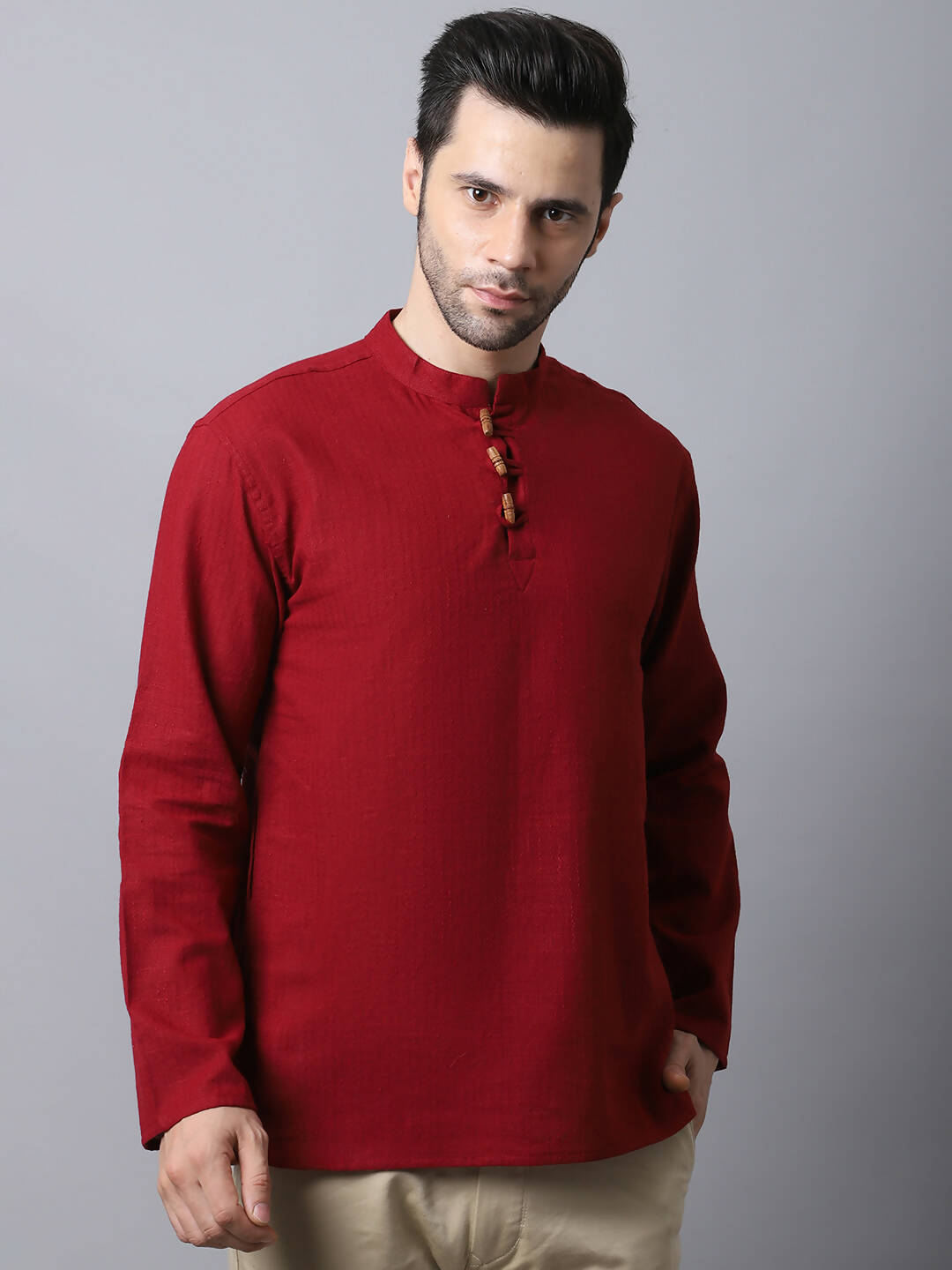 Even Apparels Maroon Pure Cotton Men's Kurta With Band Collar | Swadesiicart