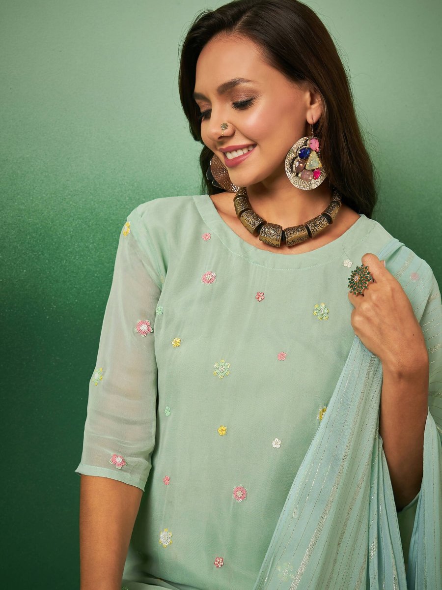 Aqua Blue Georgette Handwork Unstitched Dress Material - Hanika | Swadesiicart