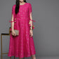 Ahalyaa Women Foil Printed A-Line Midi Ethnic Dress - Pink Color | Swadesiicart