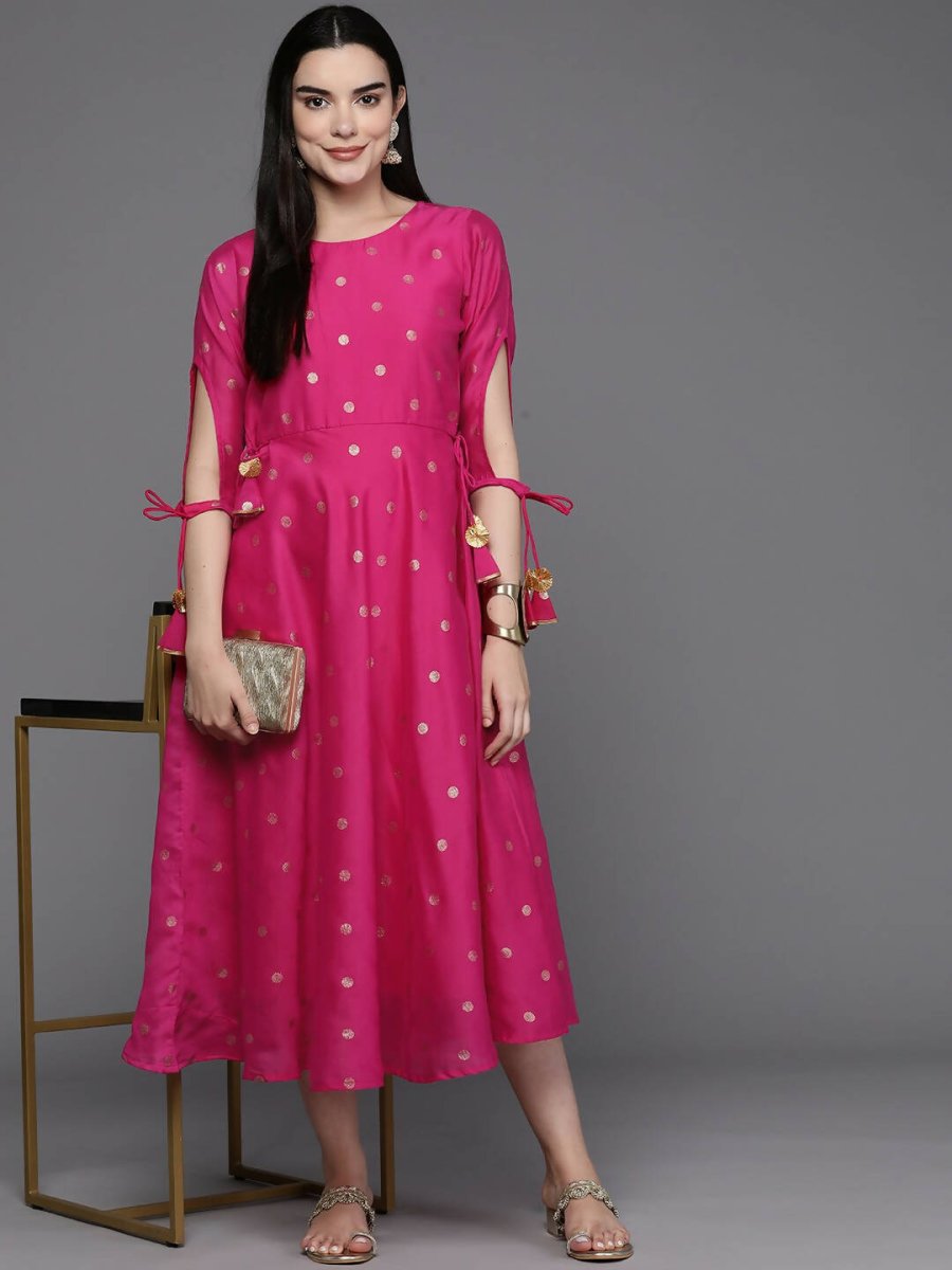 Ahalyaa Women Foil Printed A-Line Midi Ethnic Dress - Pink Color | Swadesiicart