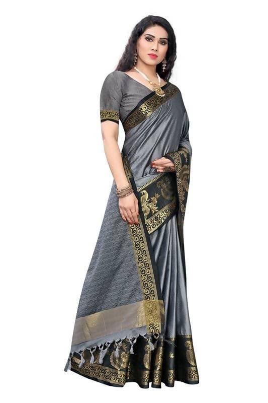 Vamika Banarasi Jacquard Weaving Grey Saree (DHONI GREY) | Swadesiicart