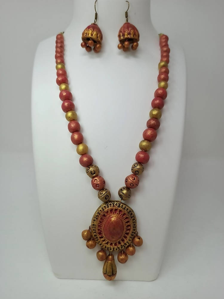 Terracotta Medium Necklace Set With Hangings-Golden Pink | Swadesiicart
