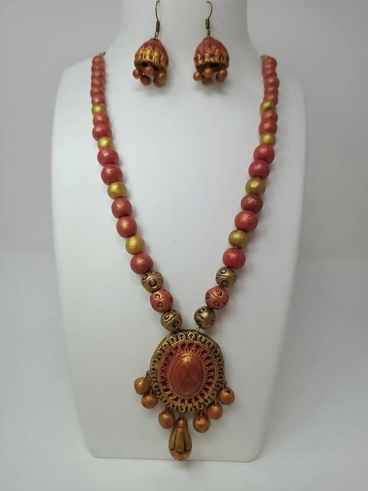 Terracotta Medium Necklace Set With Hangings-Golden Pink | Swadesiicart