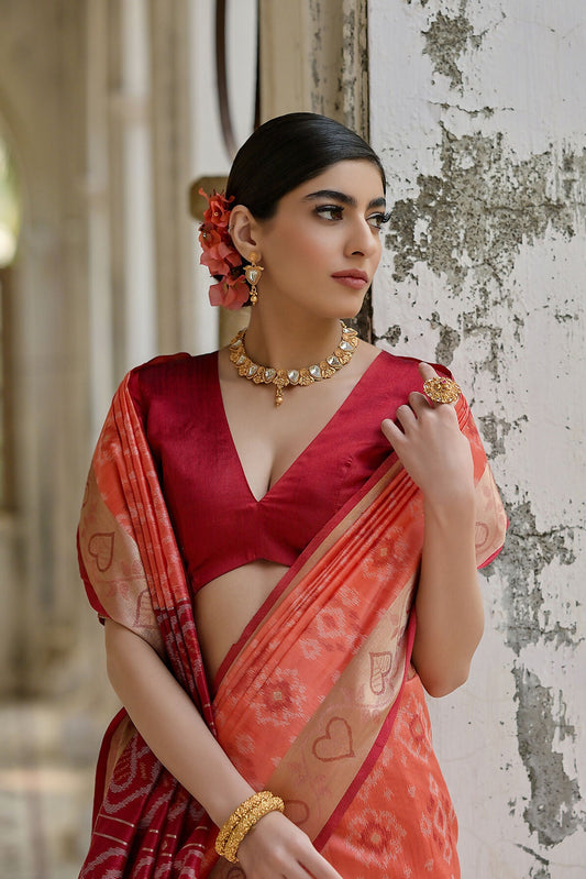 Vishnu Weaves Women's Orange Raw Silk Thread Ikkat Woven Saree with Blouse - Swadesiicart