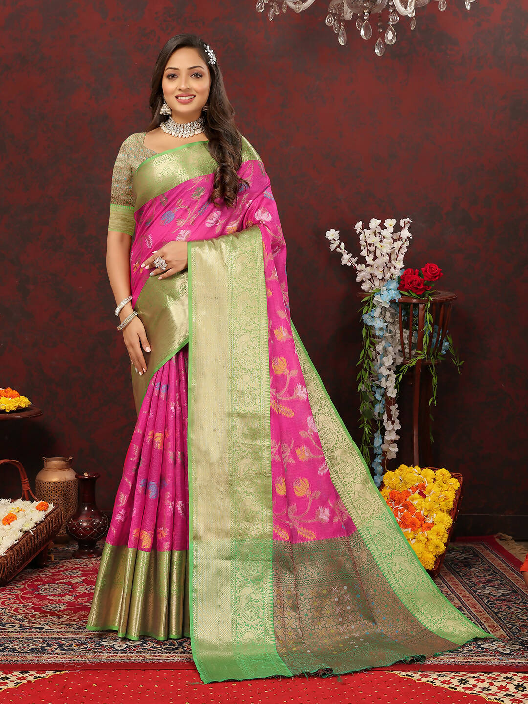 Lorenvalley Fashion Pink Cotton Woven Design Zari Meenakari Weaving Saree - Swadesiicart