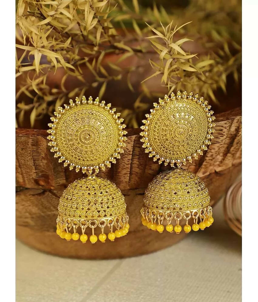 Mominos Fashion Joharkamal Gold-Polished Meenakari Jhumkas For Women & Girls (Yellow) - Swadesiicart