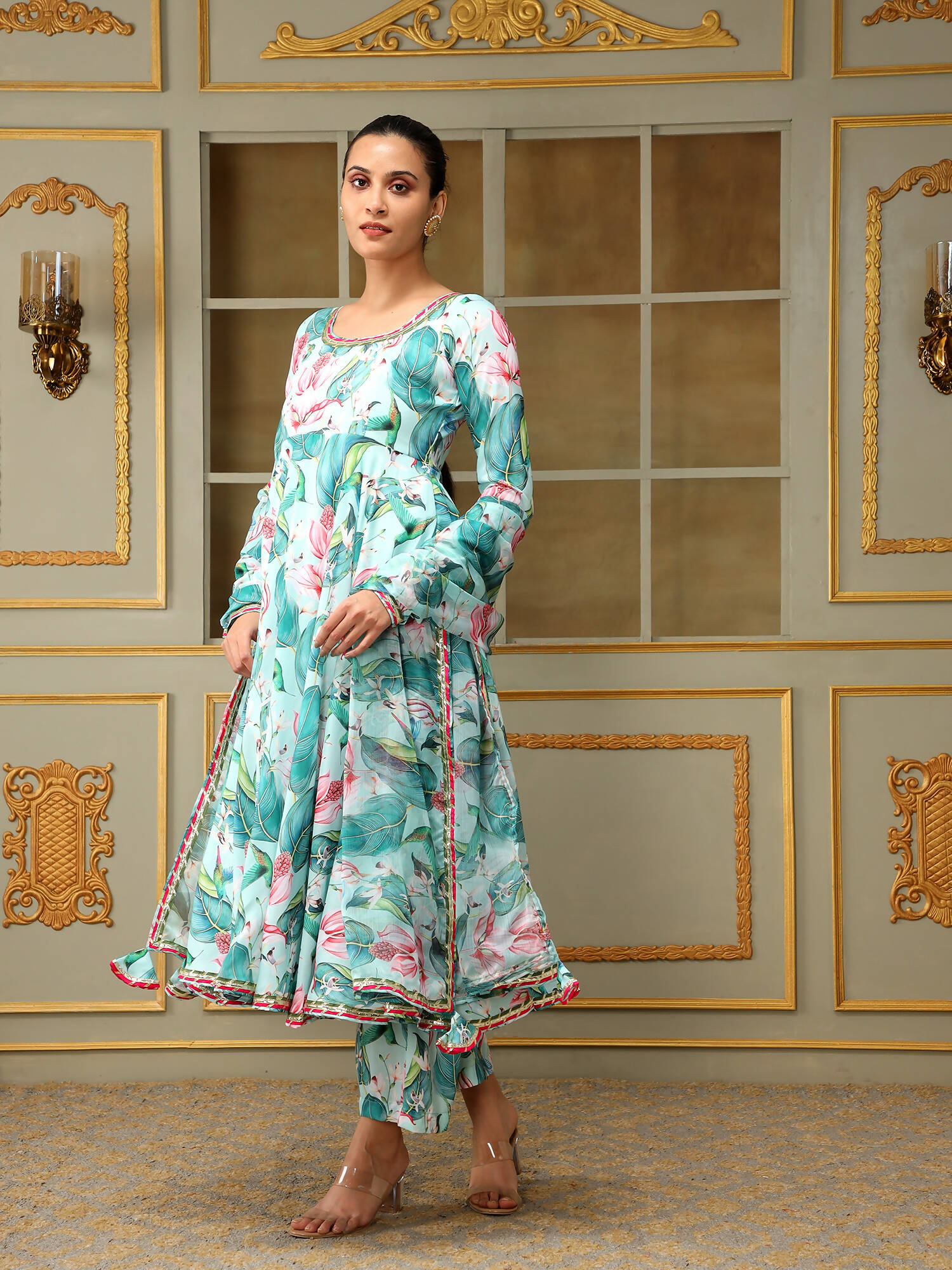 Pomcha Jaipur Blue Saadgi Palm Leaf Anarkali Set | Swadesiicart