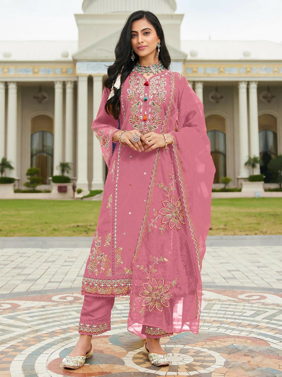 Anaita Pink Cotton Stitched Suit with Embroidery Viscose Multi Thread Work