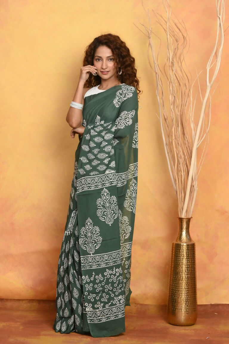 Very Much Indian Handblock Printed Cotton Saree With Natural Dyes - Green | Swadesiicart