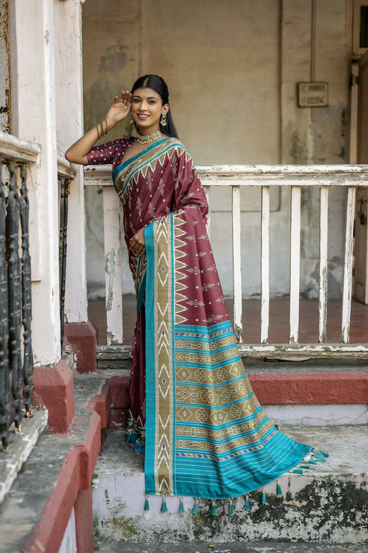 Vishnu Weaves Women's Maroon Cotton Silk Printed Saree with Blouse - Swadesiicart