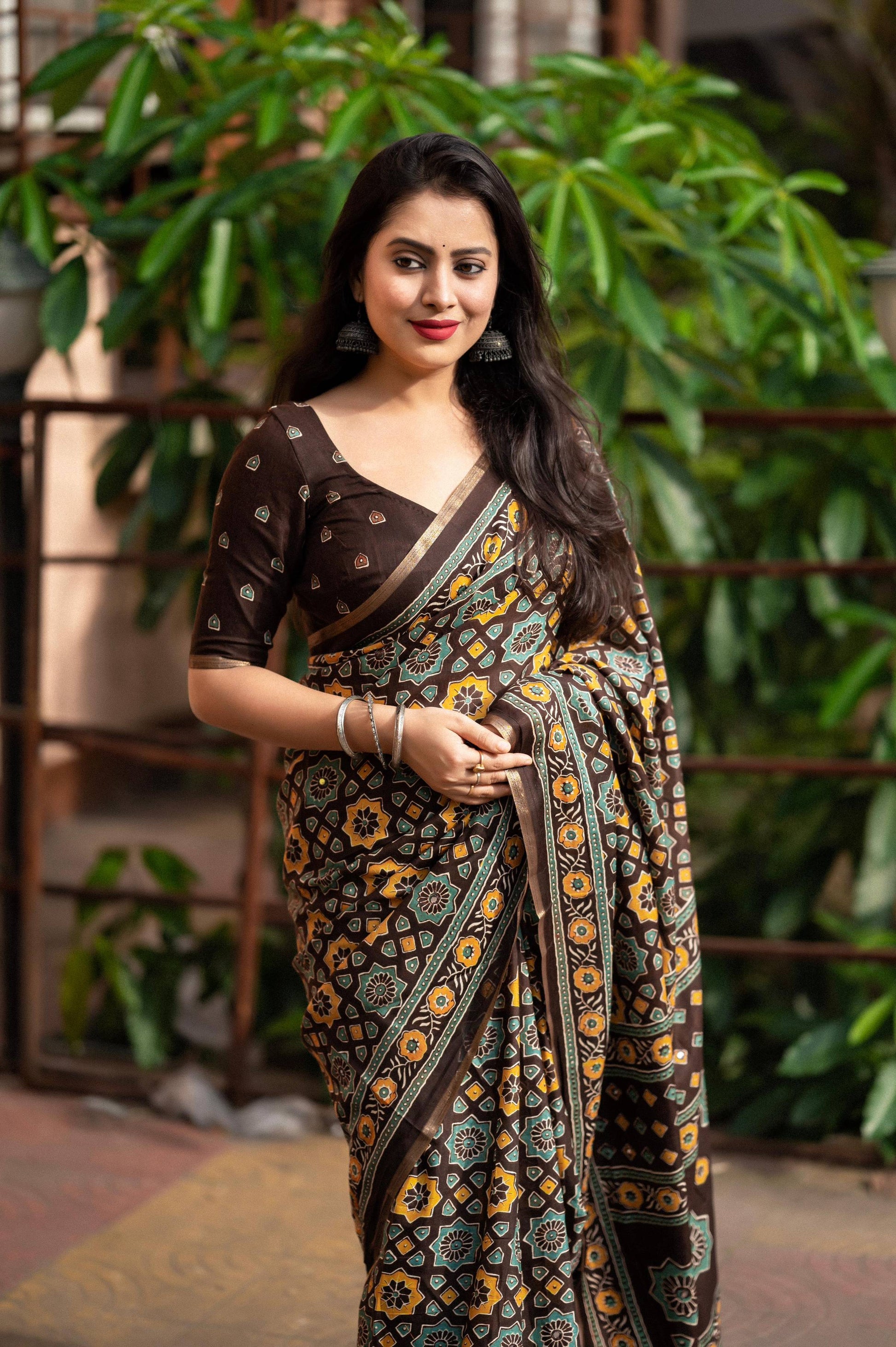 Coffee Cotton Blend Ajrak Saree with Unstitched Blouse - Hiral Fashion | Swadesiicart