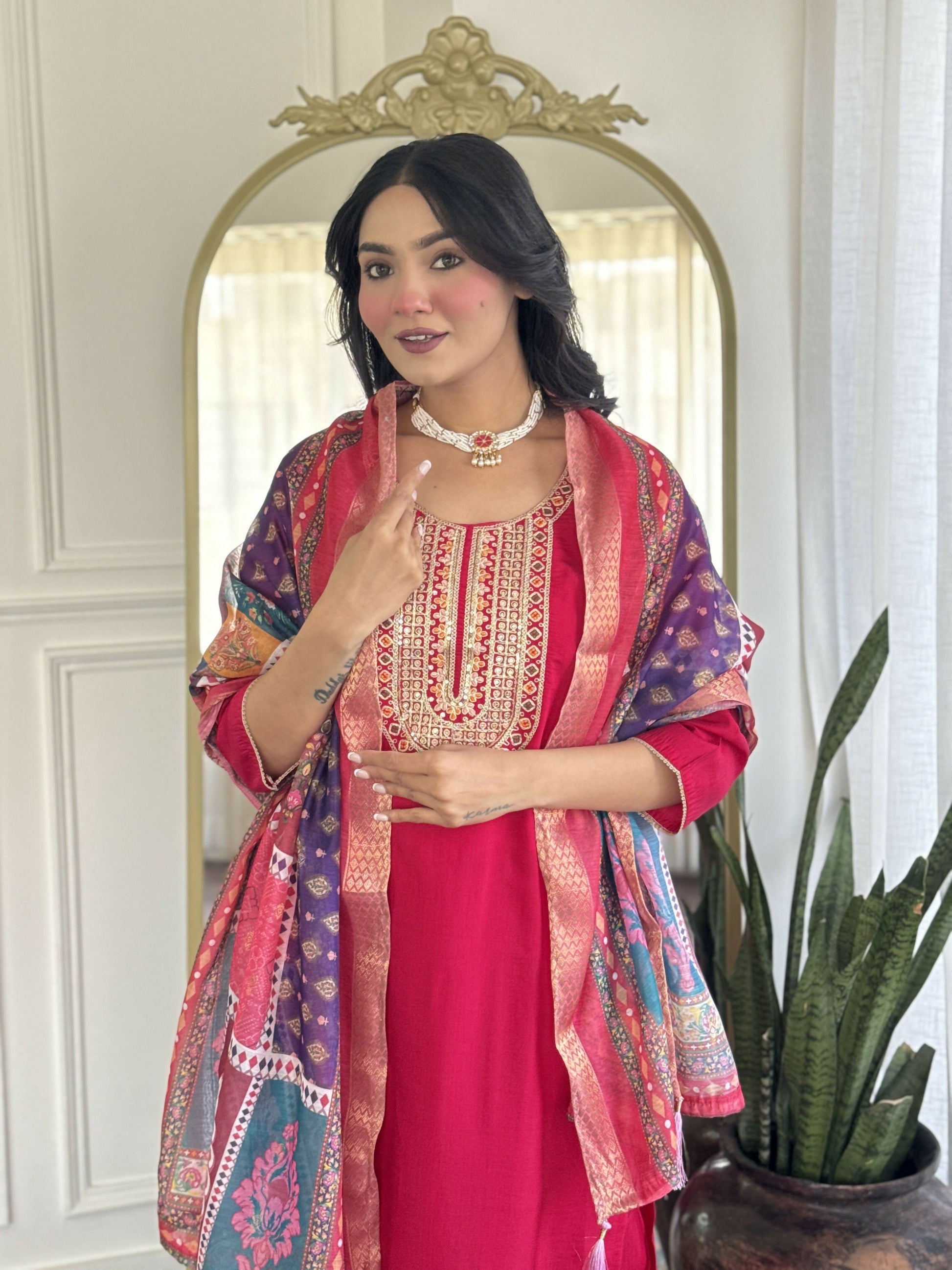 The52 Rani Gorgeous Embroidered Chanderi Silk Fabric Straight Kurta Pant with Dupatta Set - Swadesiicart