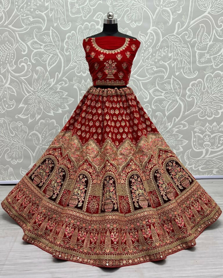 Jyoti Fashion Women's Red Velvet Multi Thread Embroidered with Zircon Diamond Wedding Lehenga Choli | Swadesiicart