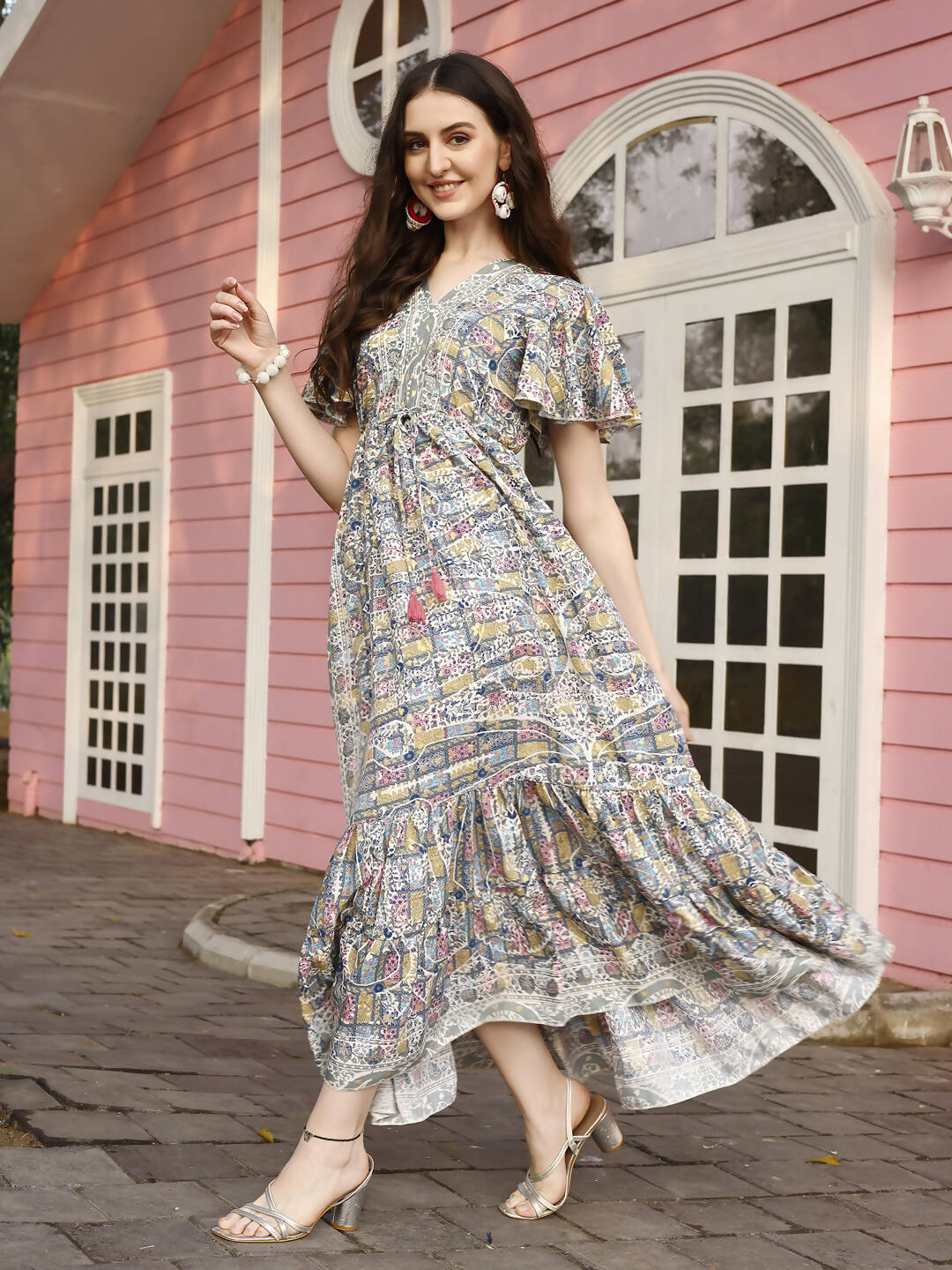 Green Rayon Foil Printed Long Dress - Michan | Swadesiicart