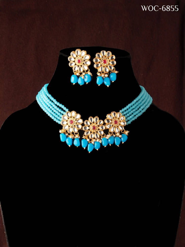 Mominos Fashion Johar Kamal Women's Sky Blue Beads Pearls Gold-Polished Jewellery Set | Swadesiicart