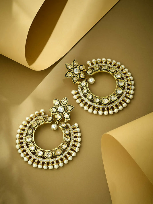 Nuyug 22K Gold-Plated Kundan Studded & Pearl Beaded Floral Chandbali Earrings | Swadesiicart