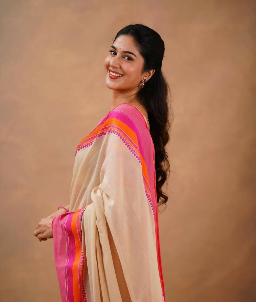 Exclusive Collection Beige Beautiful Khadi Cotton Handloom Saree - Swadesiicart