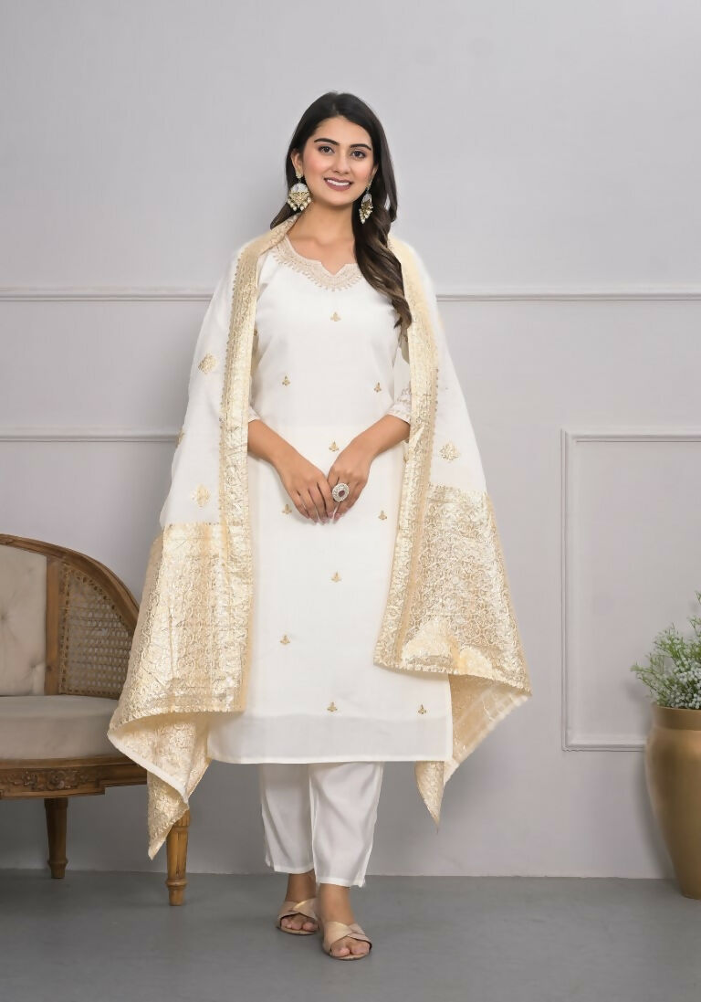 White Viscose Silk Embroidery with Thread and sequence Stitched Suit With Dupatta - Tanisha | Swadesiicart