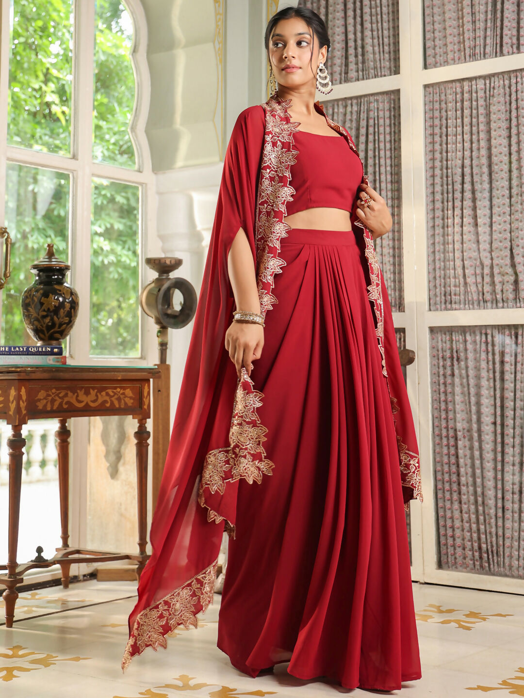 Janasya Maroon Georgette Solid Top Bottom Cape | Swadesiicart
