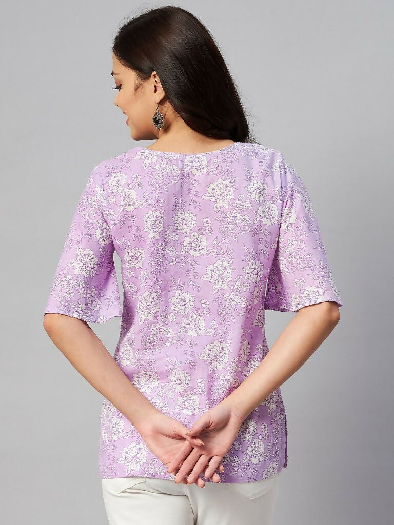 Miravan Women's Lavender-Coloured Bell Sleeve Floral Print Kurti - Swadesiicart