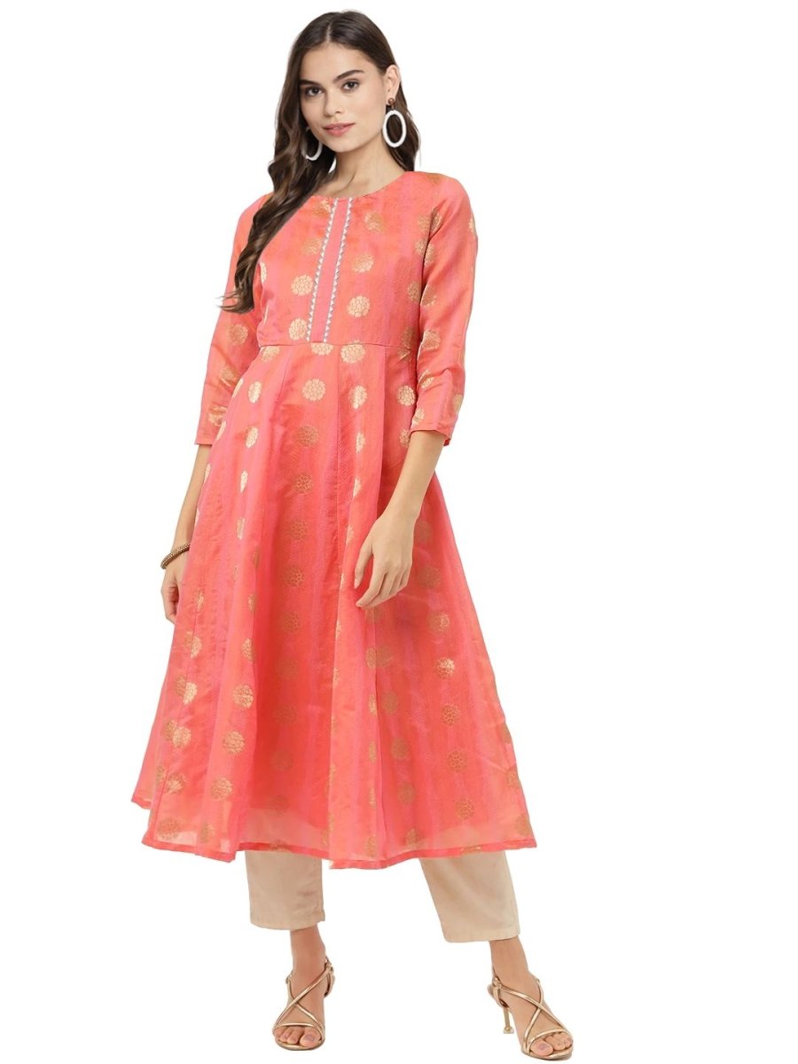 Ahalyaa Women Peach Chanderi Jacquard Woven Dress | Swadesiicart