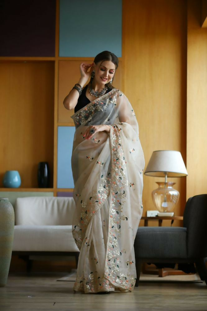Vamsee Avantika Beige Organza Saree - Swadesiicart