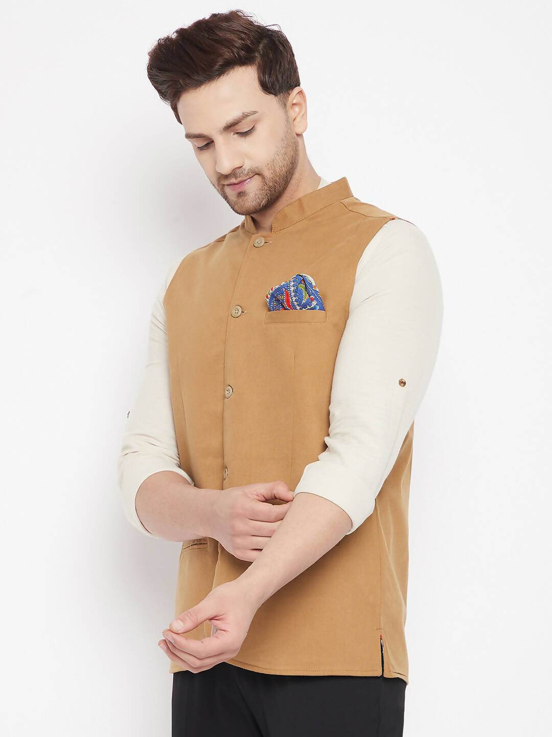 Even Apparels Brown Polyester Men's Nehru Jacket-Contrast Lining-Inbuilt Pocket Square | Swadesiicart
