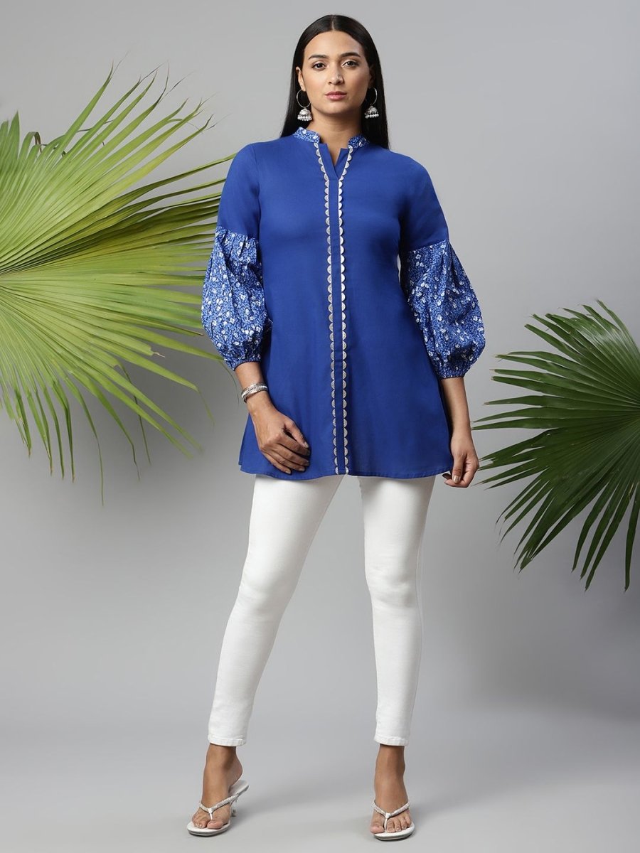 Ahalyaa Women Blue Pure Cotton Printed Tunic | Swadesiicart
