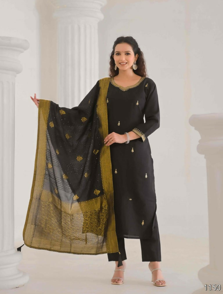 Ethnic Festive Wear Viscose Chanderi Black Stitched Suit With Dupatta - Tanisha | Swadesiicart
