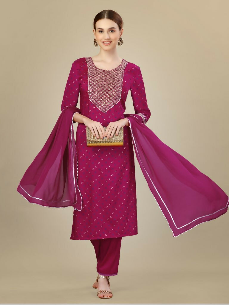 Jyoti Fashion Women's Rani Pink Silk Blend Embroidery & Sequence work Kurta with Trouser & Dupatta | Swadesiicart
