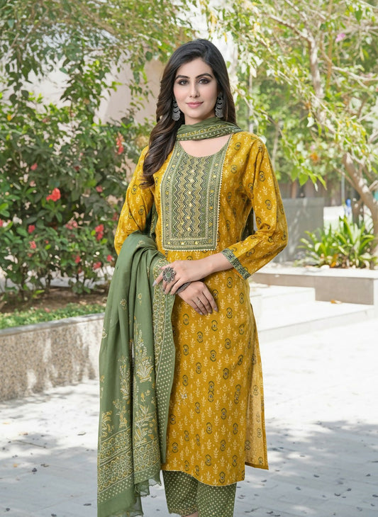 BulBul Aaliya Mustard Cotton Kurta Set with Dupatta - Swadesiicart